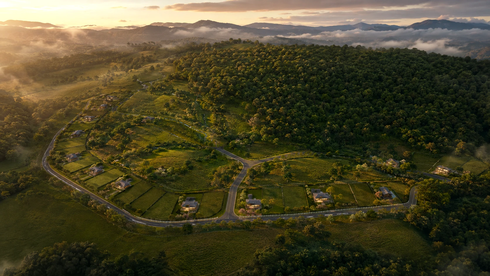 Rancho Tabuões ao entardecer — visão do empreendimento