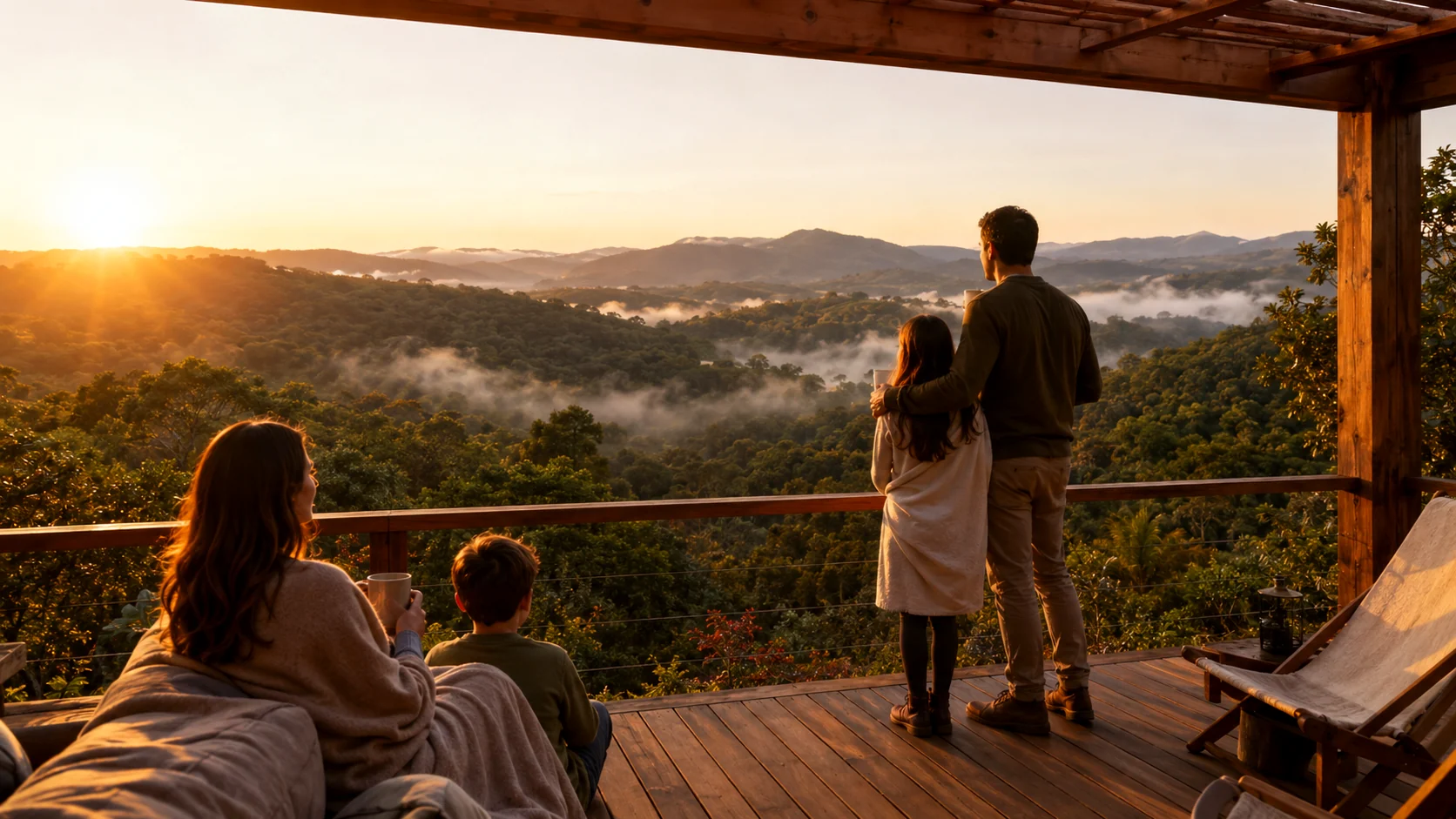Família no deck ao amanhecer — imagem conceitual