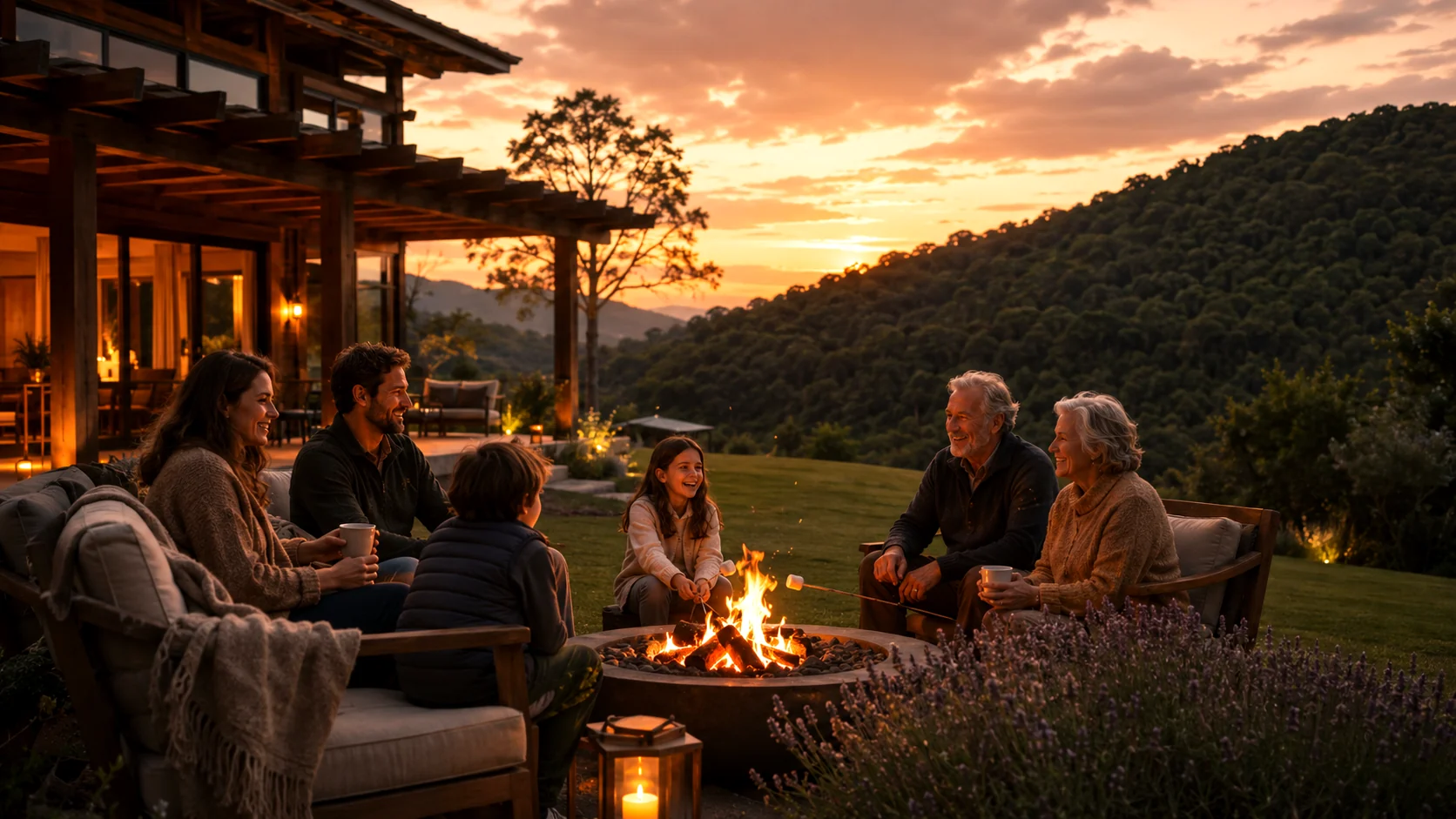 Fogueira ao entardecer com a família — imagem conceitual